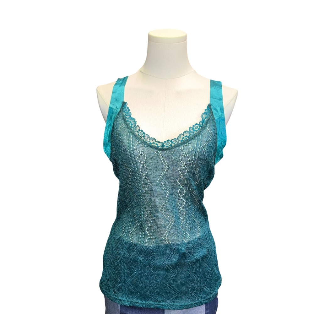 Mimi Teal Pointelle Knit Tank Top Lace Trim Satin Straps Sleeveless Large